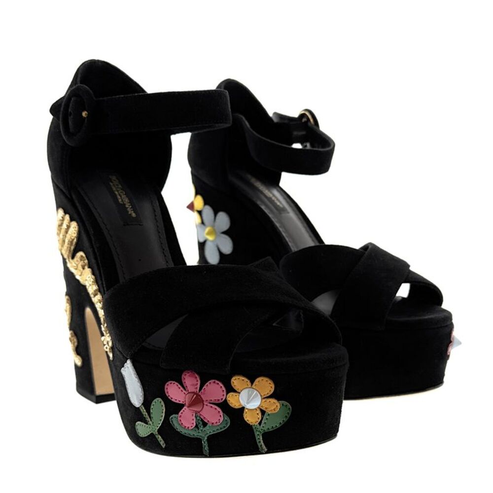 Dolce & Gabbana Floral Embellished Black Velvet Platform Sandals
-EU35